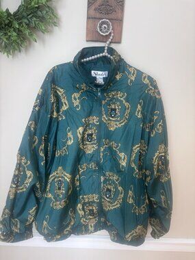 Slade Womens Size XL Windbreaker Track Jacket Green Gold Ornate Print Vintage
